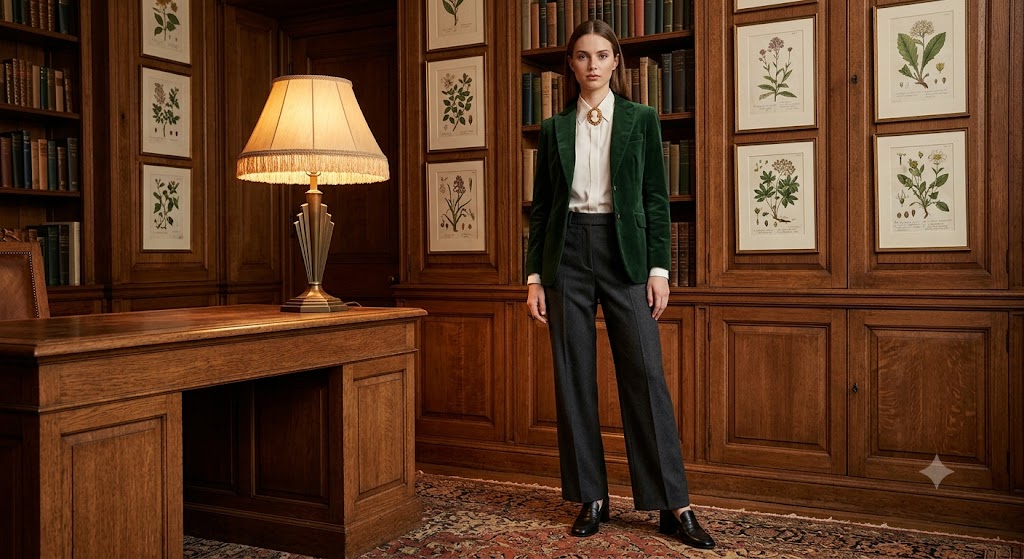 Cameo Brooch Silk Blouse and Velvet Blazer